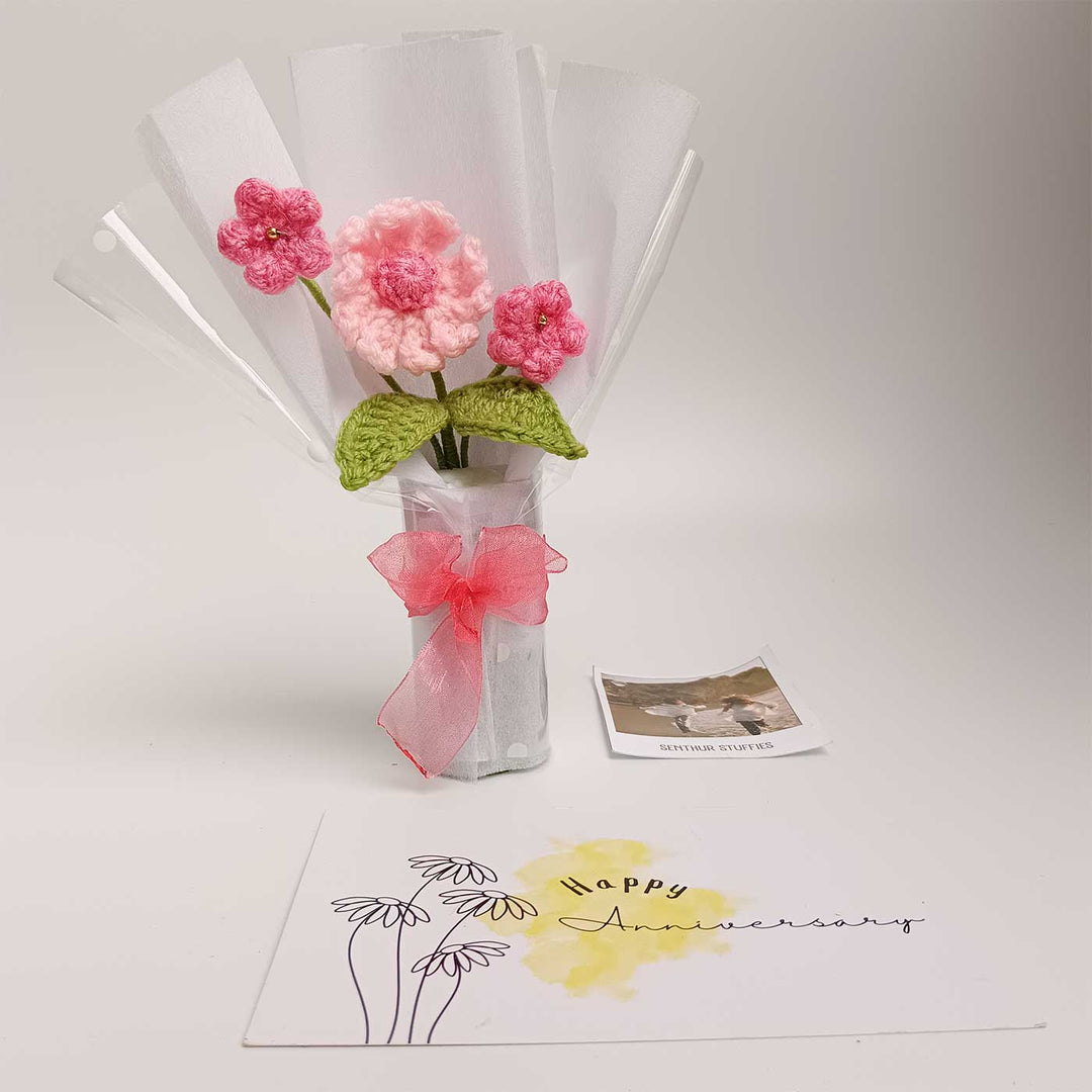 Handmade Crochet Classic Pink Mini Flower Bouquet | Includes Photo & Greeting Card
