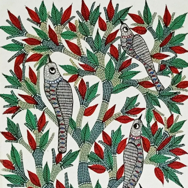 16 x 23 Inch | Birds On Tree | Original Hand Painted Tribal Gond Art Painting | Acrylic Paint On Paper