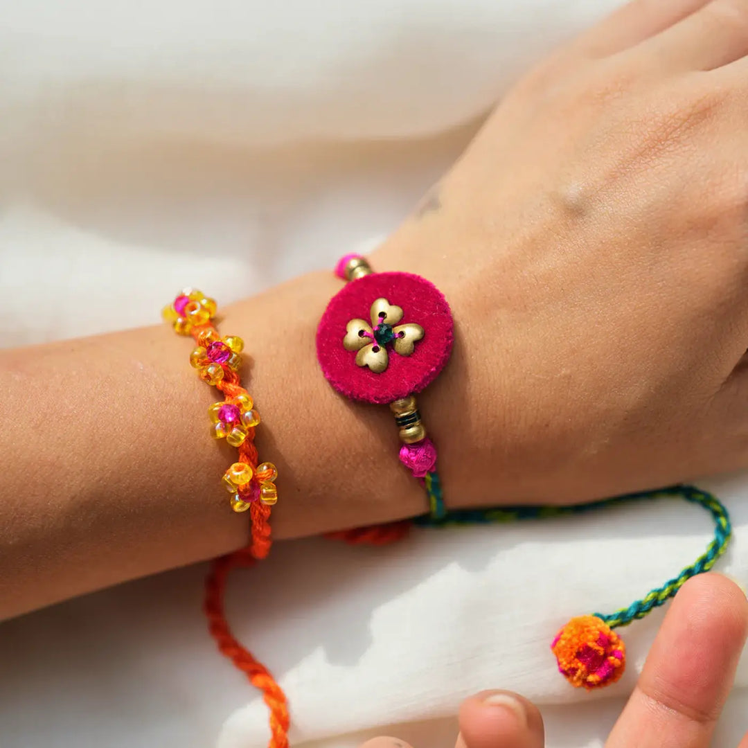 2 pc Rakhi + Brass Thali Set | Premium Gulshan Beaded Rakhi Set with Roli Chawal