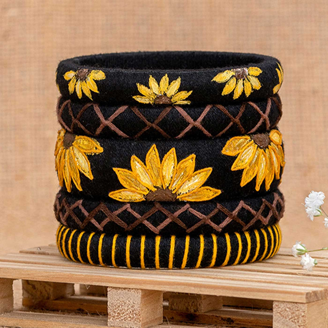 Black & Yellow Handcrafted Sunflower Bangles | Set of 5