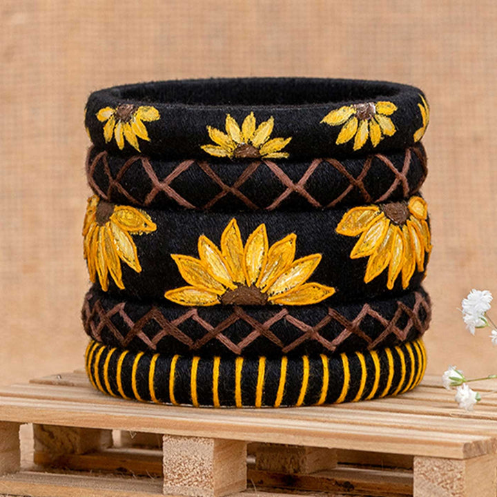 Black & Yellow Handcrafted Sunflower Bangles | Set of 5