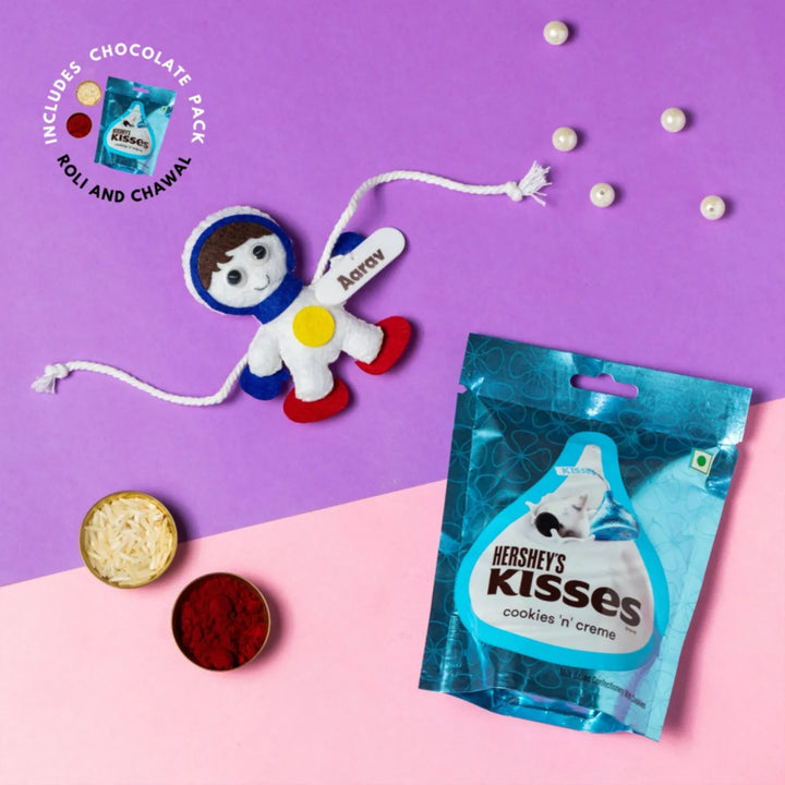 Personalized Handmade Astronaut Theme Felt Kids Rakhi With Chocolates & Roli Chawal