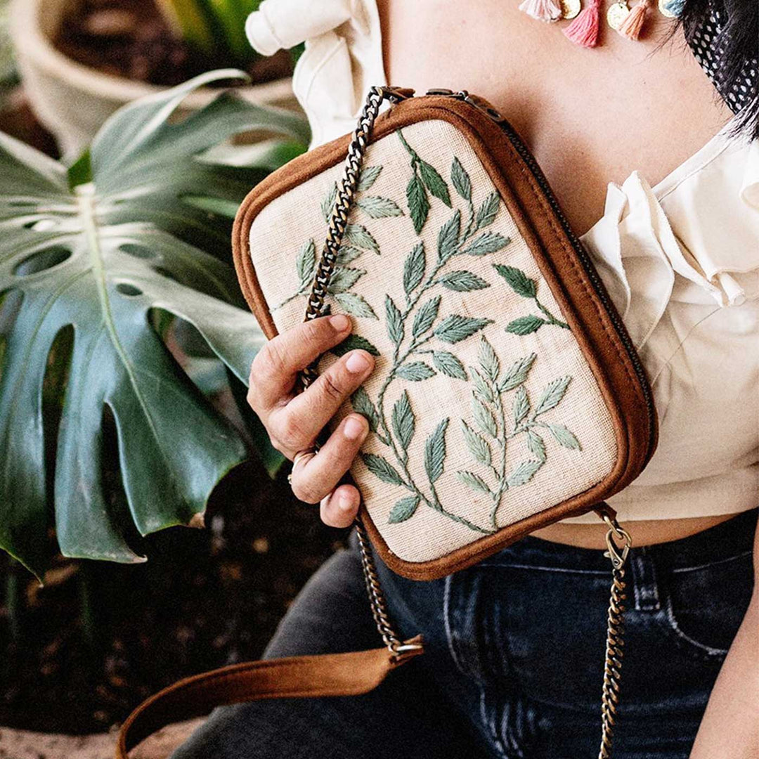 Personalized Embroidered Leafy Vegan Suede Sling Bag