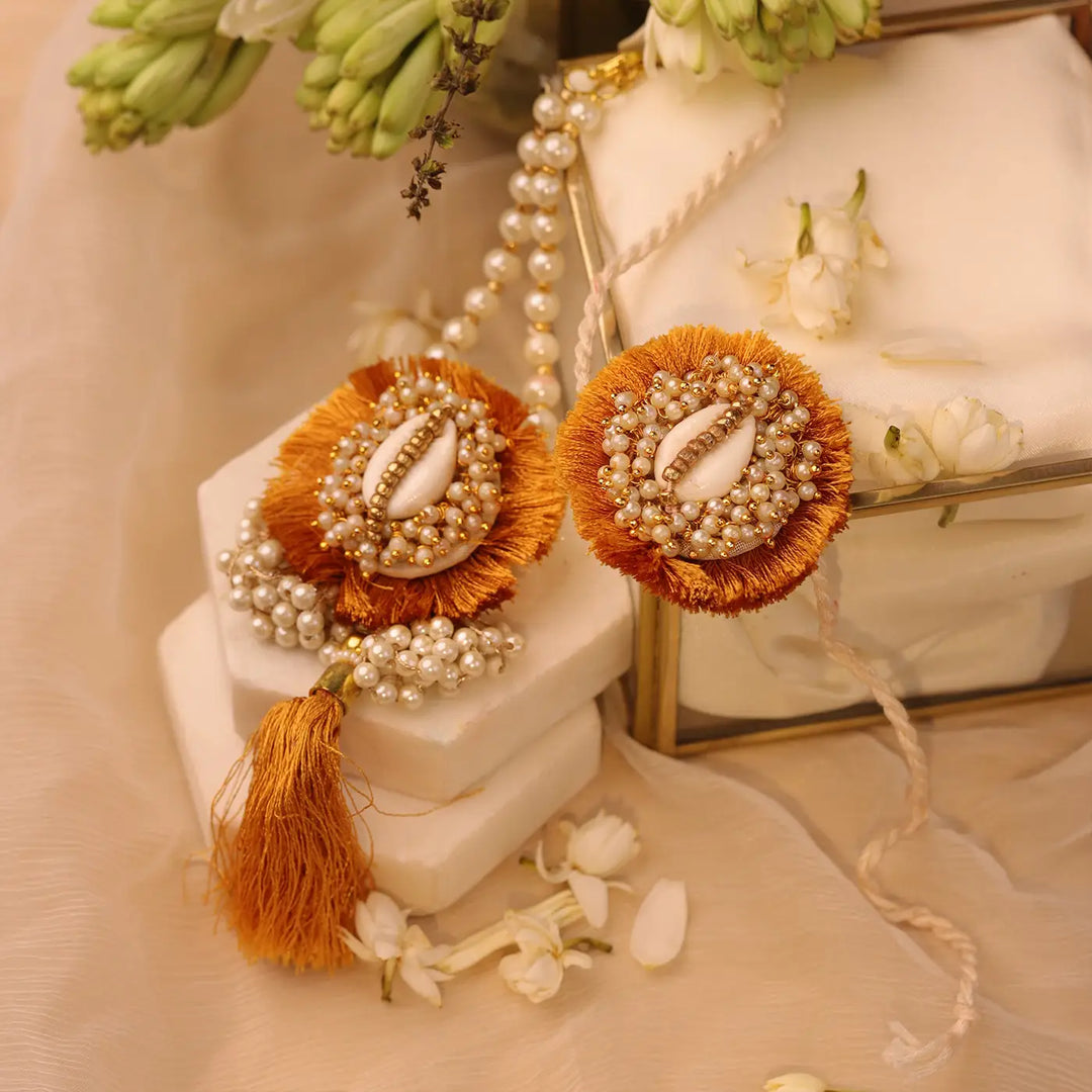 Handmade Beaded Shell & Tassels Bhaiya Bhabhi Rakhi With Roli Chawal | Set Of 2