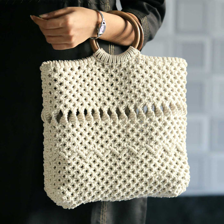 Handmade Macrame Tote Bag With Wooden Handle
