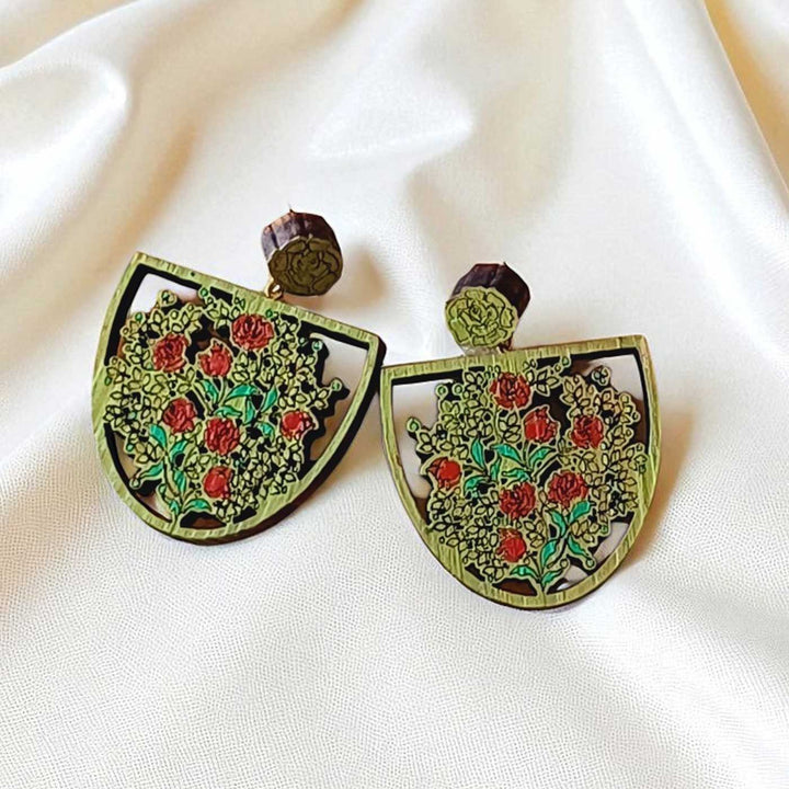 Handmade Green Roses Design Wooden Earrings
