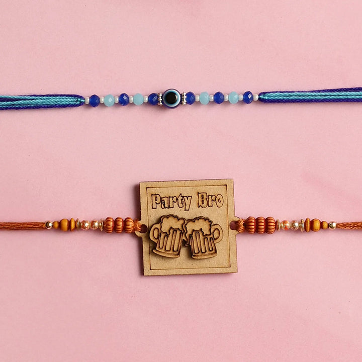 Handmade "Party Bro" & Evil Eye Rakhi With Roli Chawal | Set Of 2