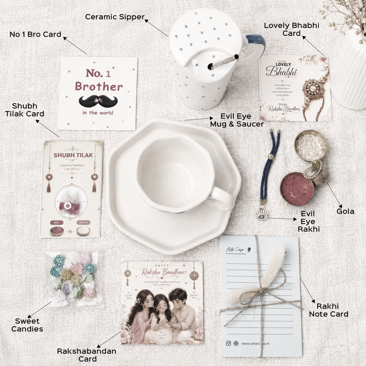 "Nazar Se Surakshit" Evil Eye Ceramic Rakhi Hamper With Mug, Sipper & Roli Chawal For Brother