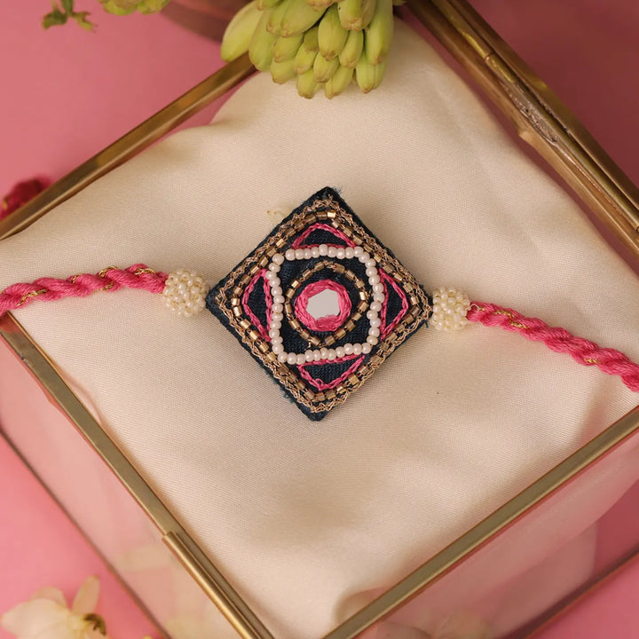 Handmade Embroidered Pink & Blue Square Rakhi With Roli Chawal