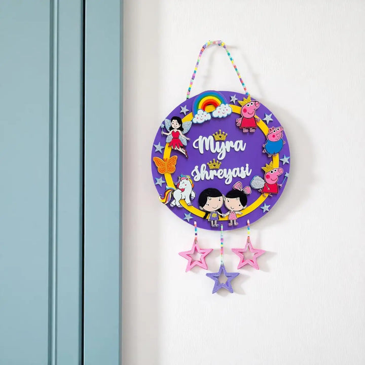 Personalized Fairy And Peppa Pig Theme MDF Wood Kids Name Plate For Sisters