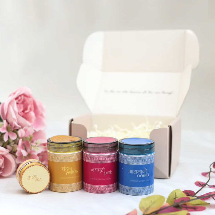 Rang-Otsav Grandeur Box | Includes 1 Organic Yellow Gulaal, 1 Organic Pink Gulaal, 1 Organic Blue Gulaal, 1 Chandan Tika, 1 All Things Nice Gift Box
