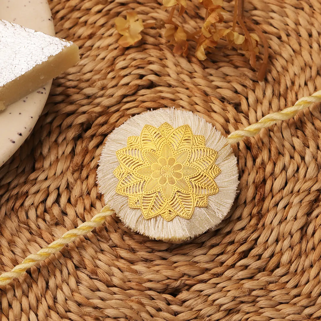 Handmade White & Golden Mandala Rakhi With Roli Chawal