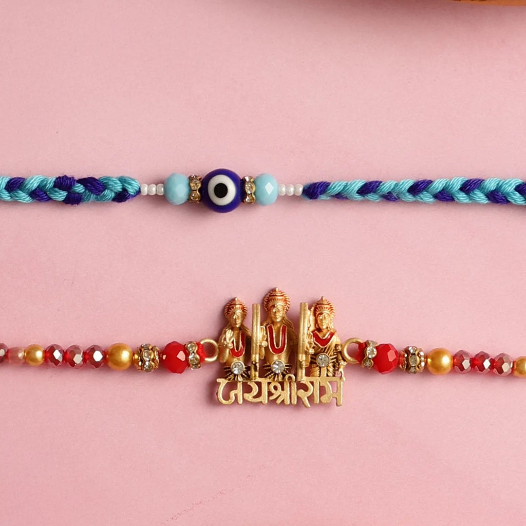 Handmade "Jai Shri Ram" & Evil Eye Rakhi With Roli Chawal | Set Of 2