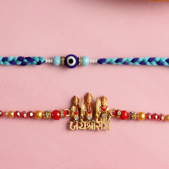 Handmade "Jai Shri Ram" & Evil Eye Rakhi With Roli Chawal | Set Of 2