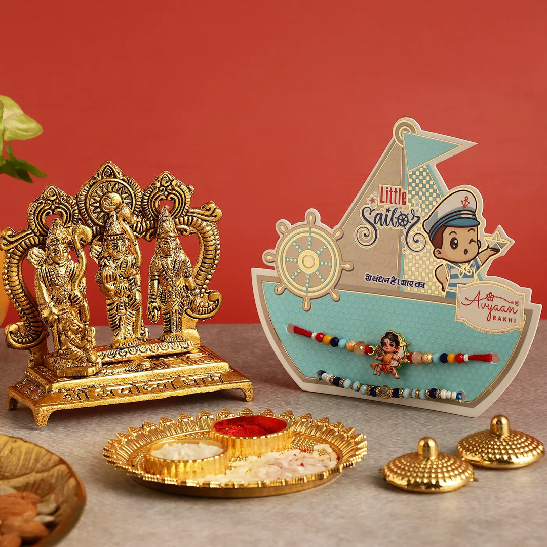 Handmade Shri Ram Rakhi Hamper | Includes 1 Ramdarbar Idol, 2 Rakhis, 1 Roli Chawal