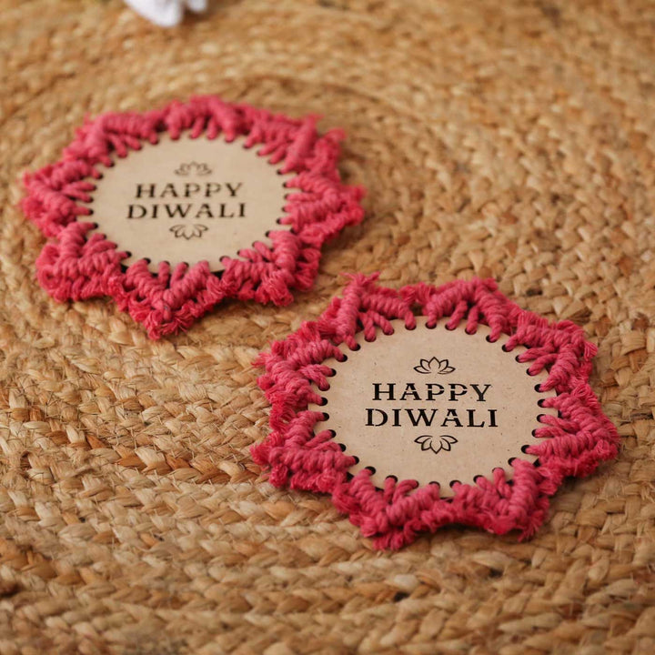 Set Of 2 | Handmade Macrame Happy Diwali Deisgn Cotton Coaster
