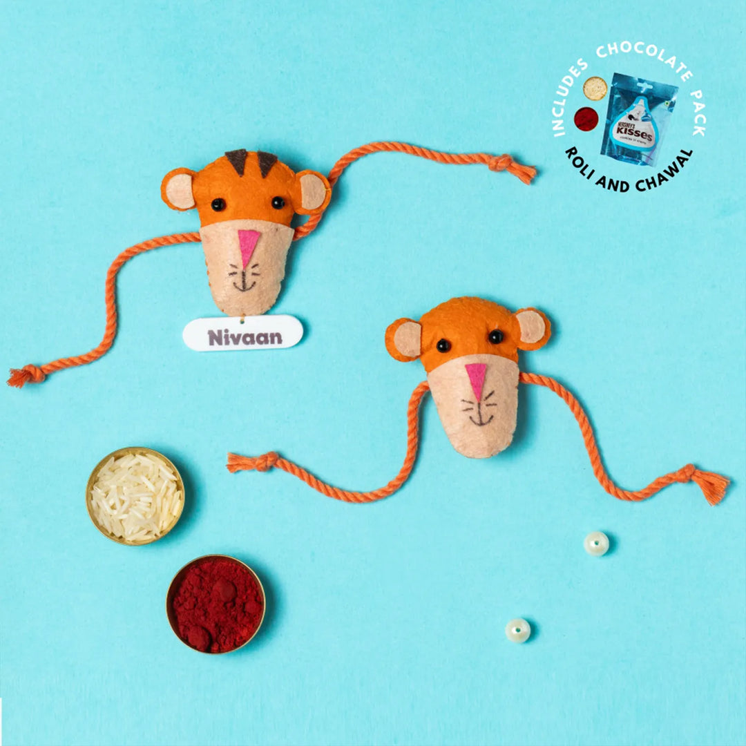 Personalized Handmade Tiger Theme Felt Kids Rakhi With Chocolates & Roli Chawal