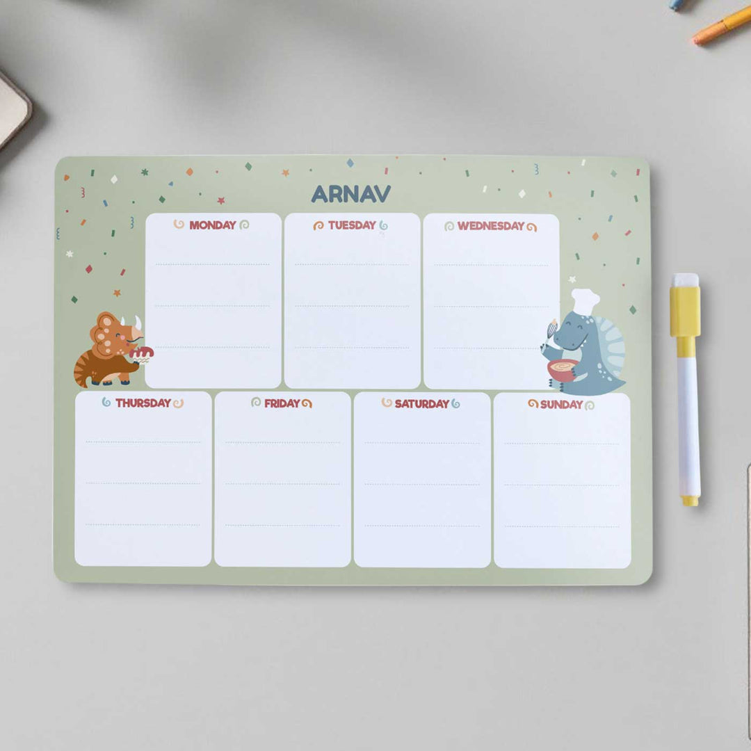 Personalized Dino Party Theme Wooden Meal Planner