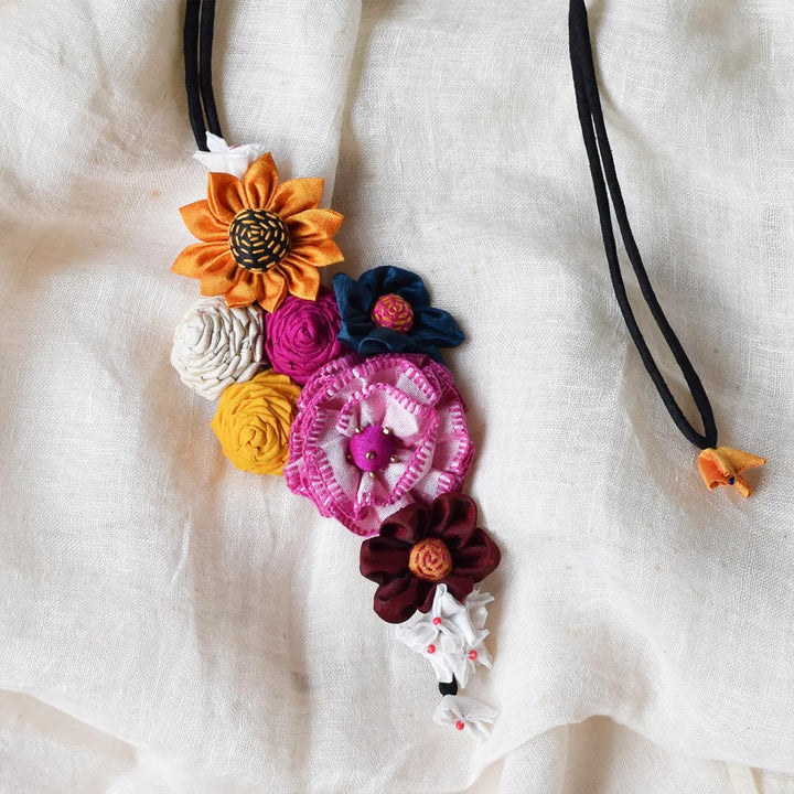 Handmade Textile Art Flowers & Dori Dupion Silk Fabric Necklace
