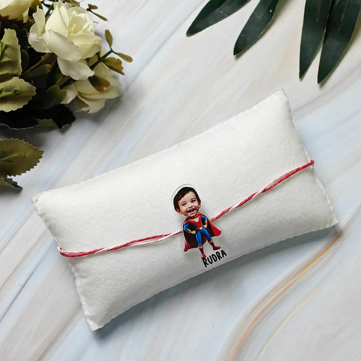 Photo Personalized Reusable Caricature Super Hero Theme Acrylic Kids Rakhi