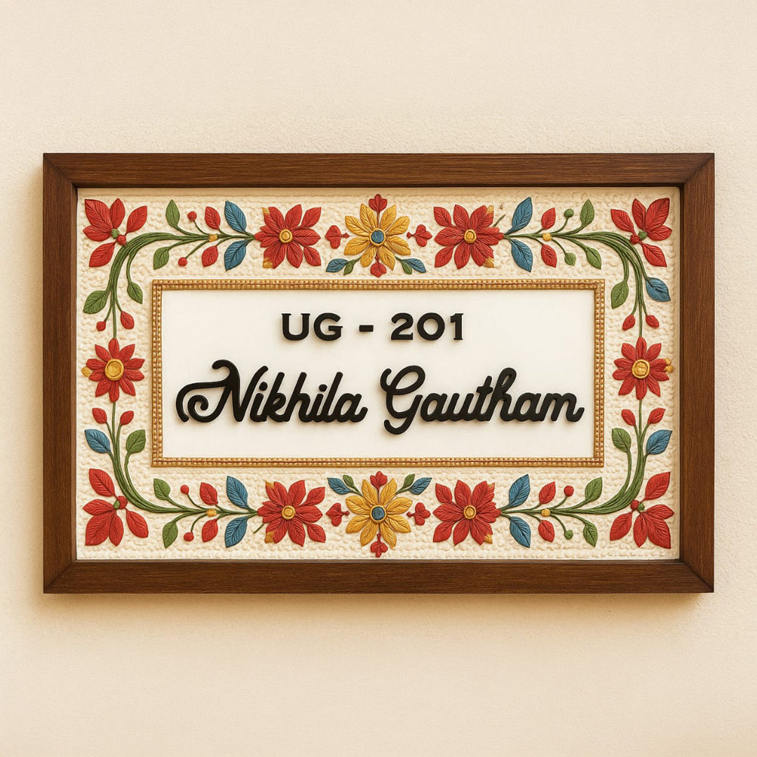 Personalized Minimal Floral Printed Wooden & Acrylic Name Plate with 3D Letters
