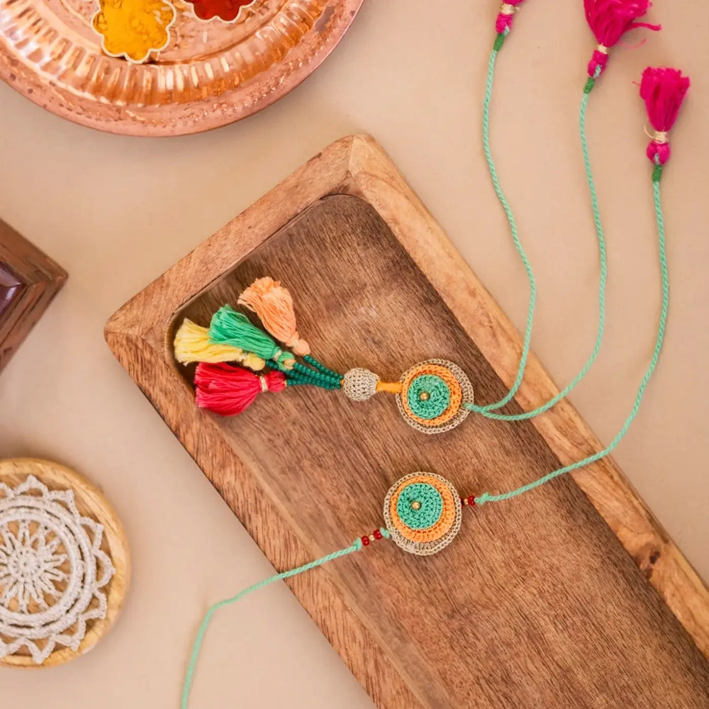 Handmade Crochet Rainbow Mandala Bhaiya Bhabhi Rakhi With Roli Chawal Set Of 2 - Top View of Full Necklace Set