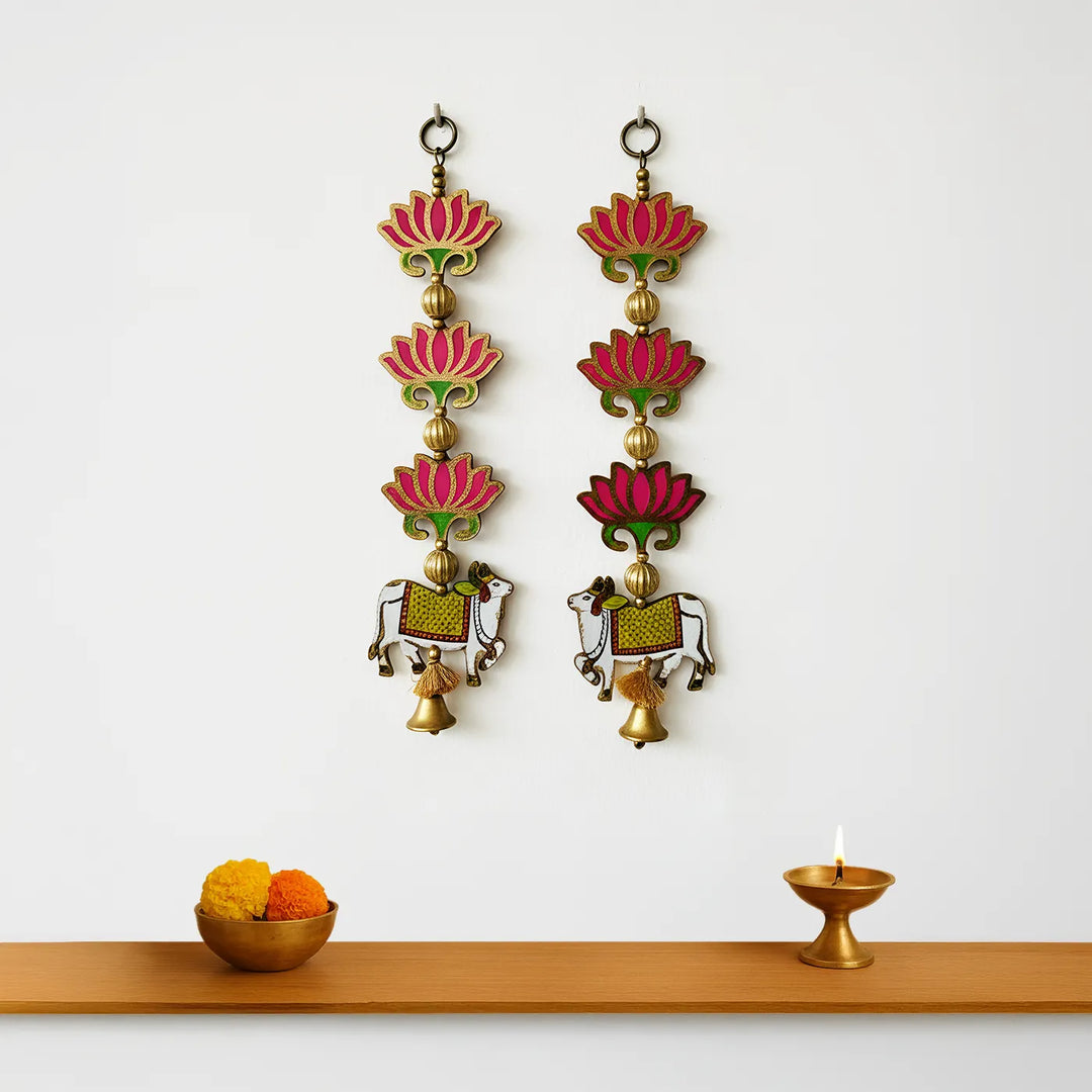 Handmade Pink Lotus & Nandi Hanging With Bell | Set Of 2