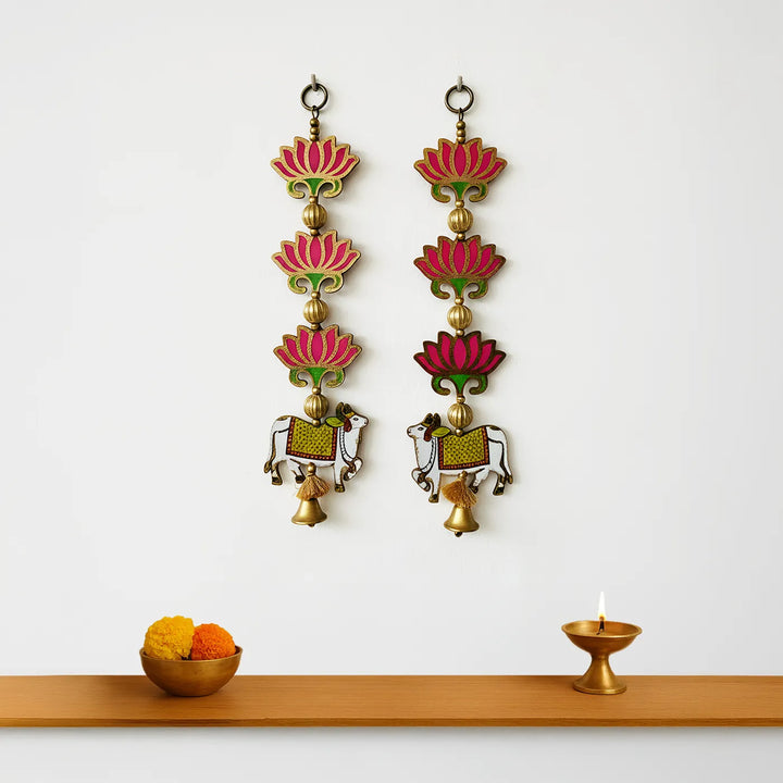 Handmade Pink Lotus & Nandi Hanging With Bell | Set Of 2