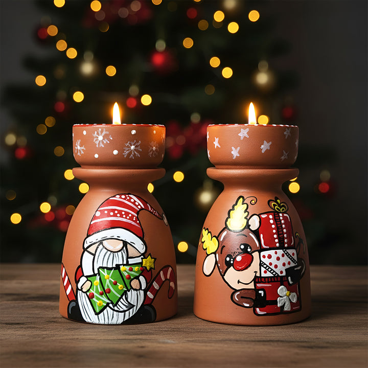Hand-Painted Gnome & Reindeer Tealight Holders For Christmas Decoration | Set Of 2