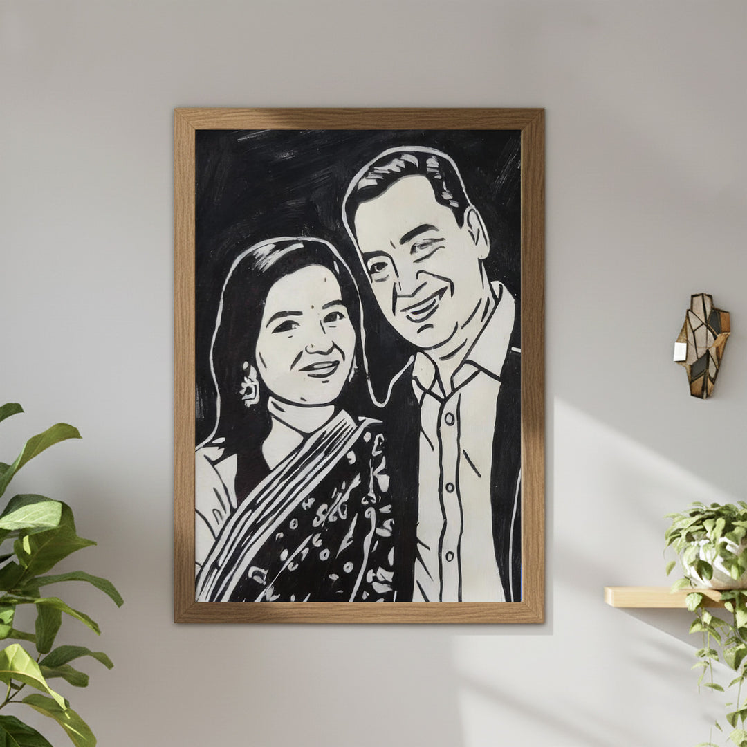 Photo Personalized Black & White Hand Painted Portrait With Premium Wooden Frame