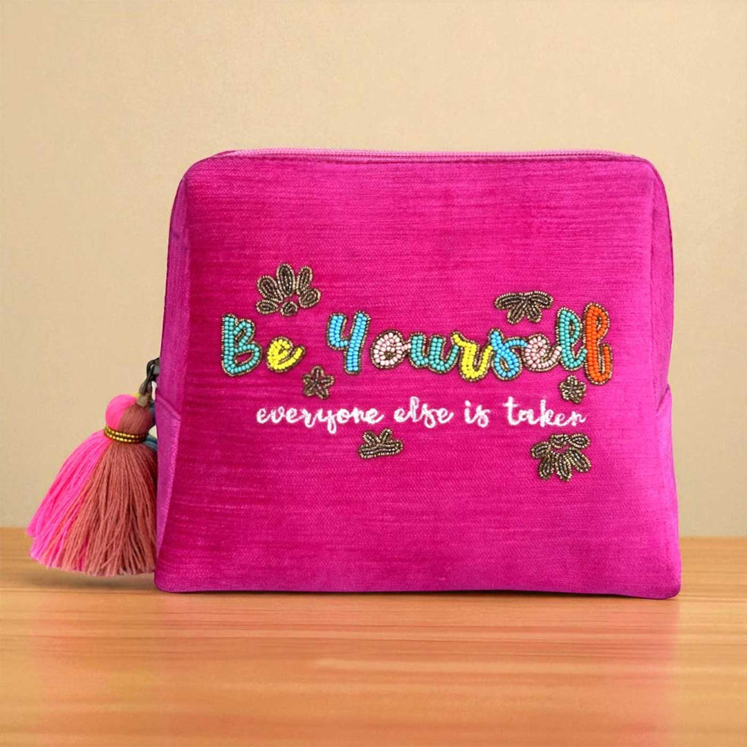 Handmade Embroidered Be Yourself Pink Color Pouch