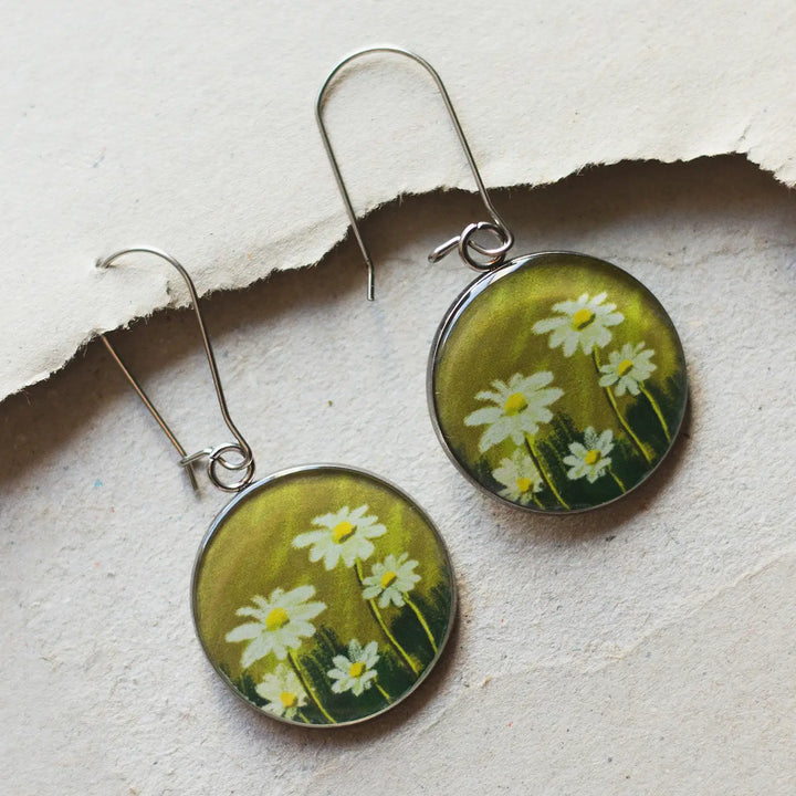 Illustrated Daisies Flower Design Resin & Stainless Steel Earrings