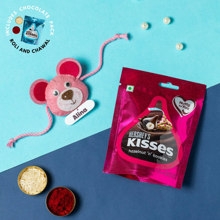 Personalized Handmade Teddy Theme Felt Kids Rakhi With Chocolates & Roli Chawal