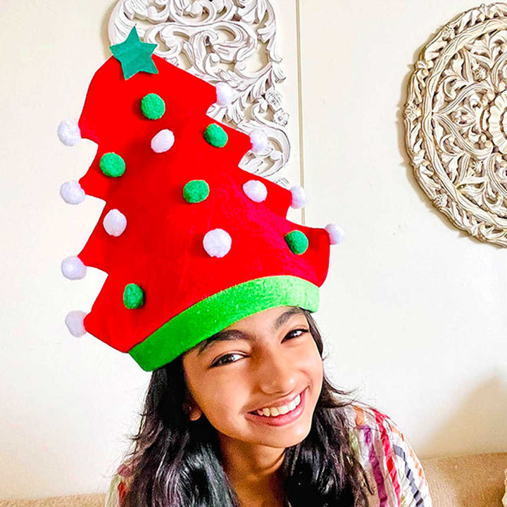 Handmade Red Pompom Christmas Tree Shaped Velvet Santa Hat | Xmas Gifting Ideas