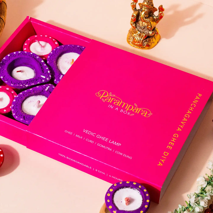 Handmade Panchagavya Ghee Diya Gift Box | Includes 4 Round Diyas, 4 Tilak Diyas