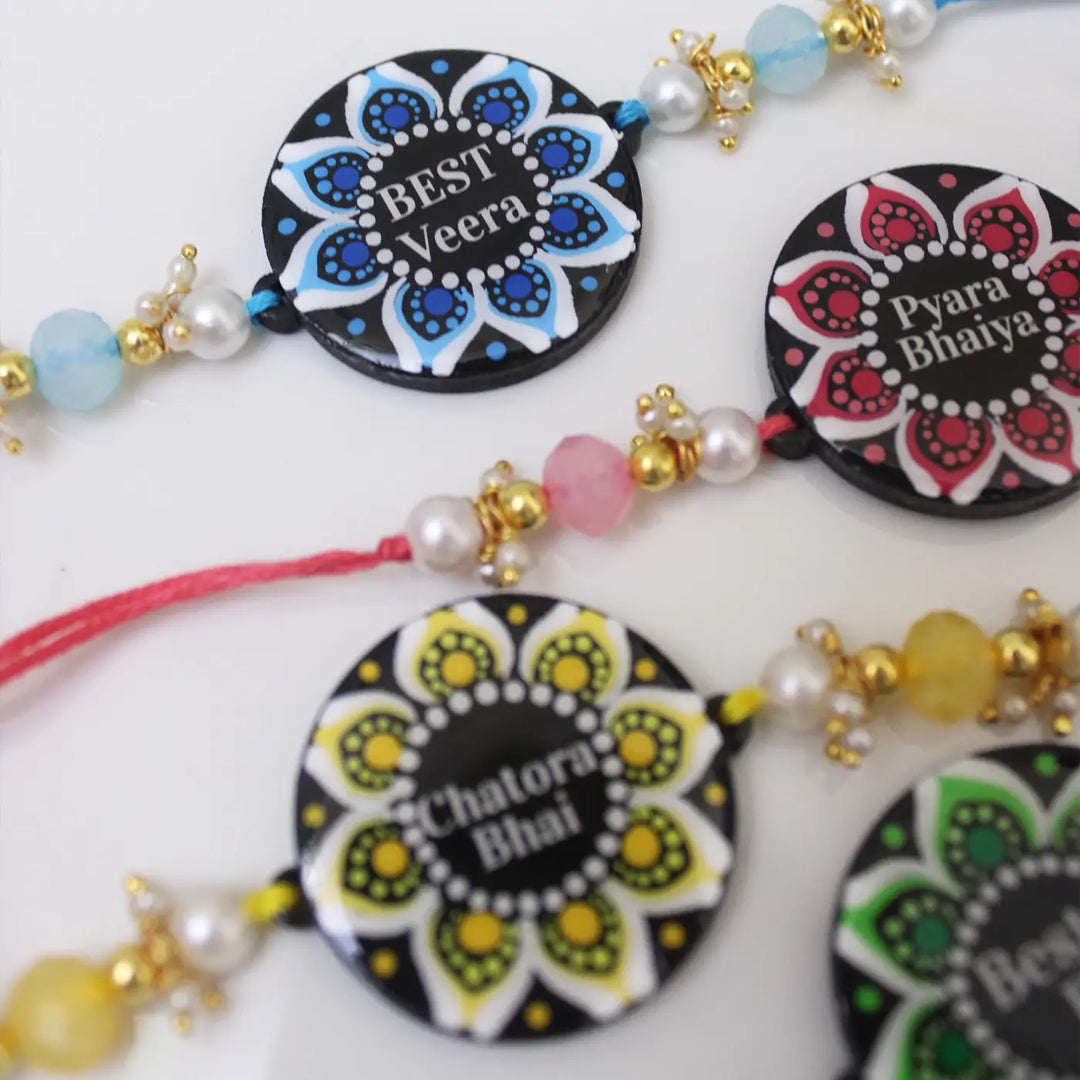 Personalized Hand-Painted Dot Mandala Round Floral Rakhi With Roli Chawal