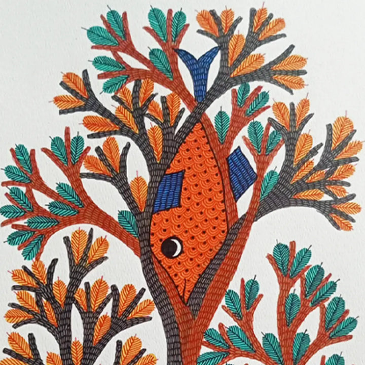 11 x 16 Inch | Fish Among Trees | Original Hand Painted Tribal Gond Art Painting | Acrylic Paint On Paper