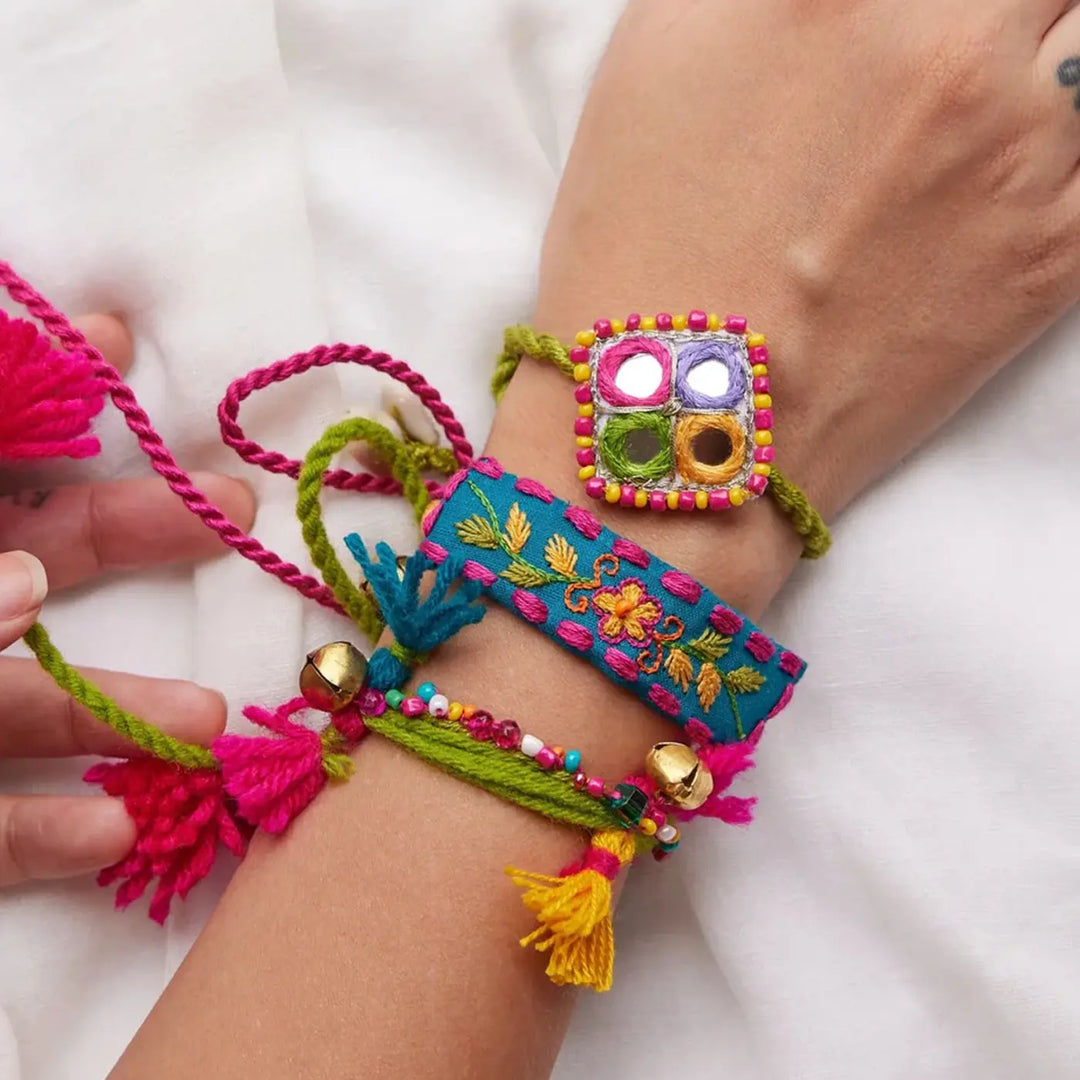 3 pc Rakhi + Brass Thali Set | Premium Paro Embroidered Rakhi Set with Roli Chawal
