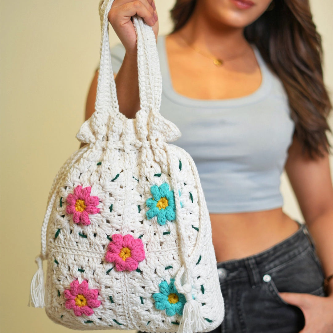 Handmade Crochet White Whimsy Garden Potli