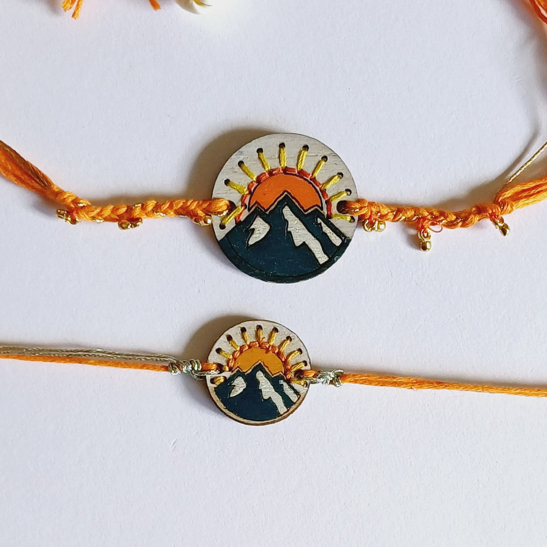 Handmade Mountain Sun Ghungroo & Shell Wooden Bhaiya Bhabhi Rakhi With Roli Chawal