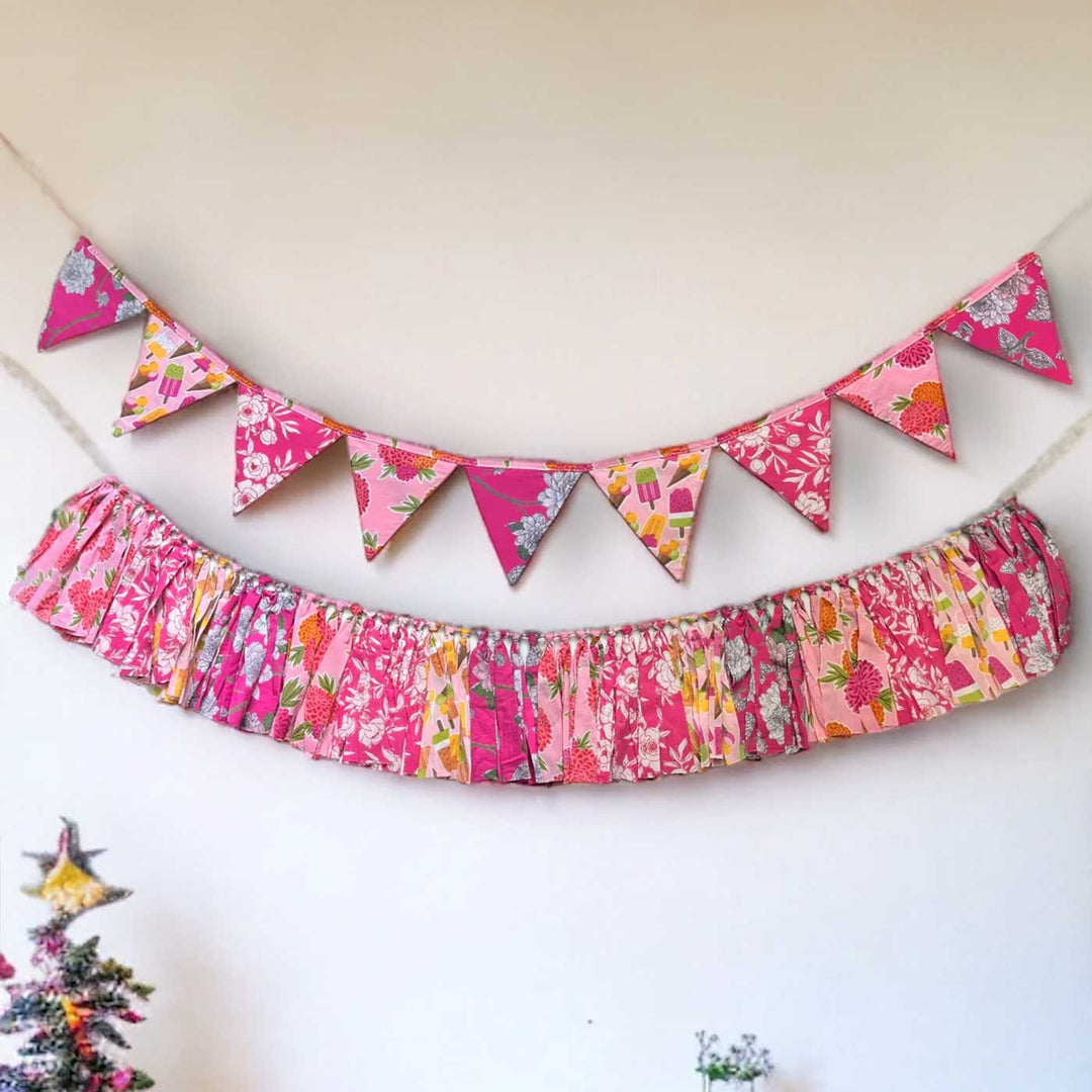 Handmade Pink Floral Upcycled Fabric Bunting & Garland | Set Of 2