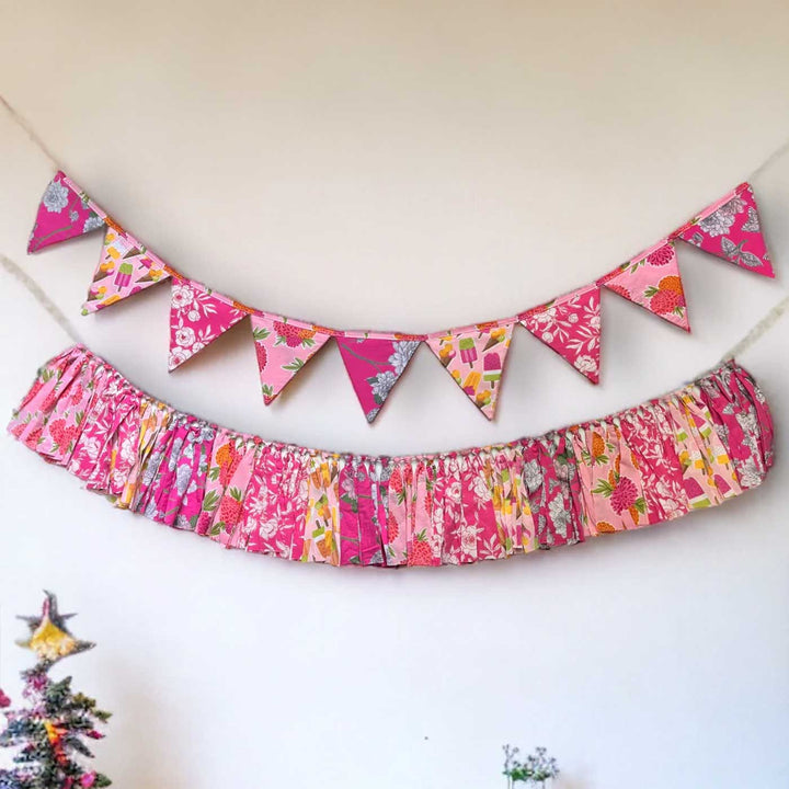 Handmade Pink Floral Upcycled Fabric Bunting & Garland | Set Of 2