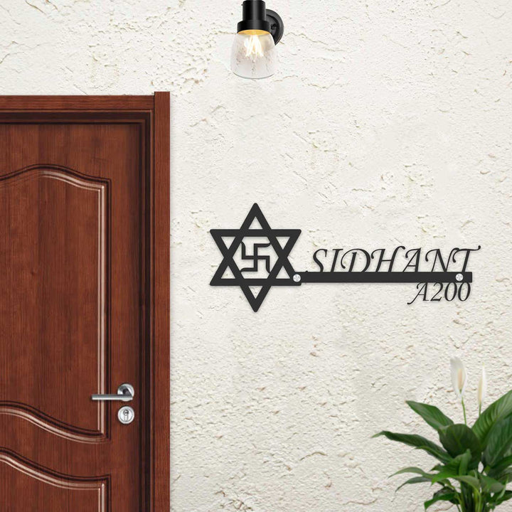 Personalized Swastik & Star Laser Cut Metal Name Plate