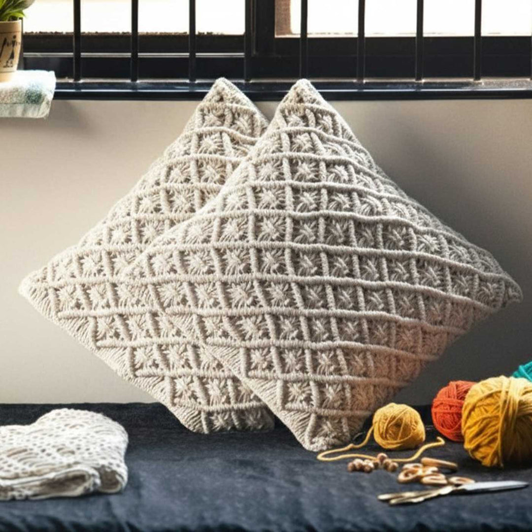 Set Of 2 | Handmade Macrame Diamond Design Cotton Cushion Cover