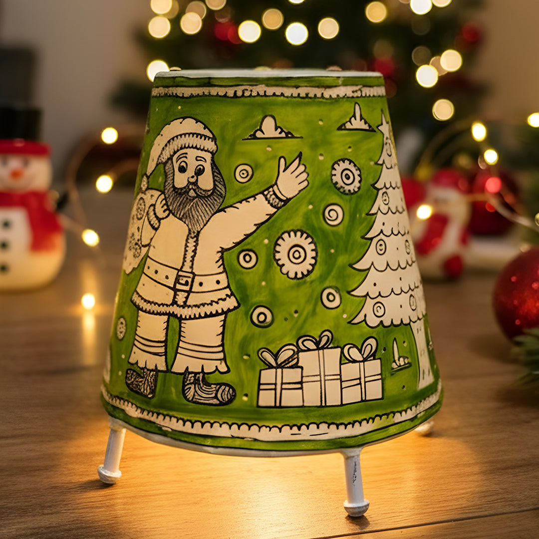 Green Christmas Motifs Hand Painted Tholu Bommalata Tabletop Lamp | 6 inches