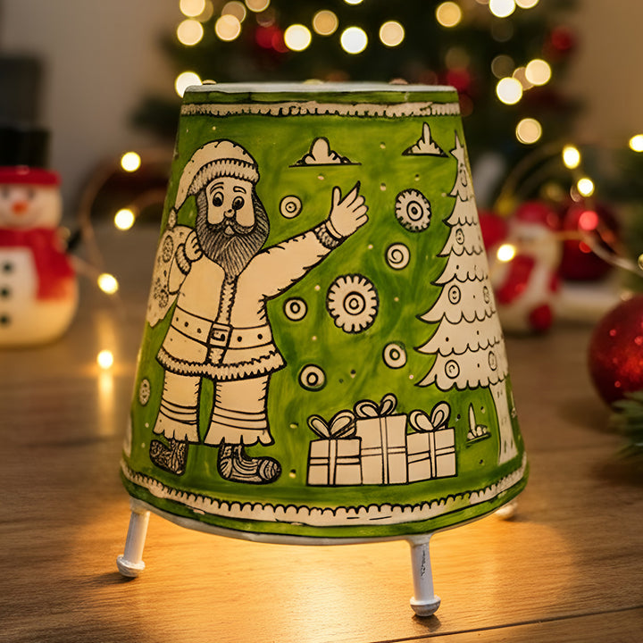 Green Christmas Motifs Hand Painted Tholu Bommalata Tabletop Lamp | 6 inches
