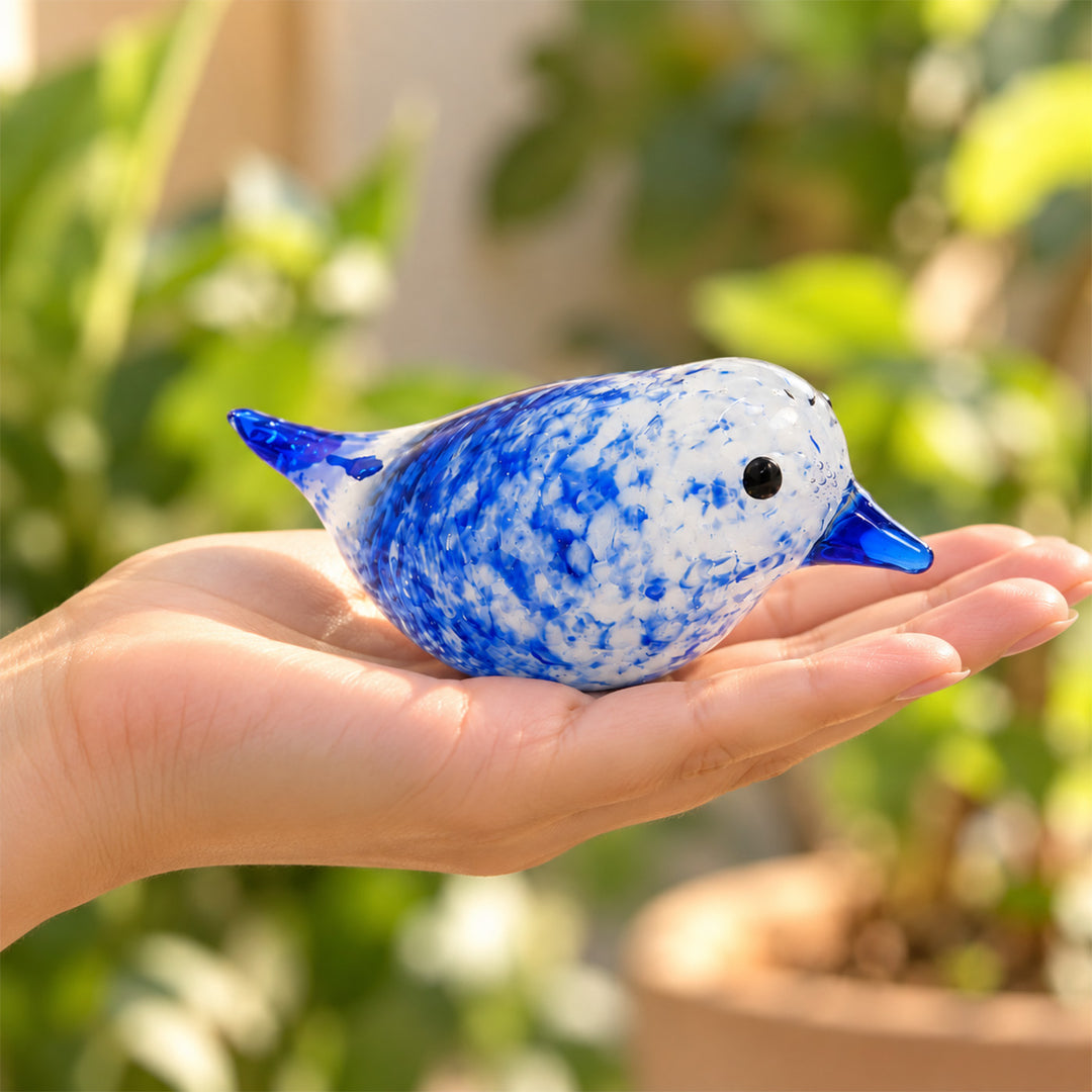 Blown Glass Blue Speckled Bird Figurine For Home Decor
