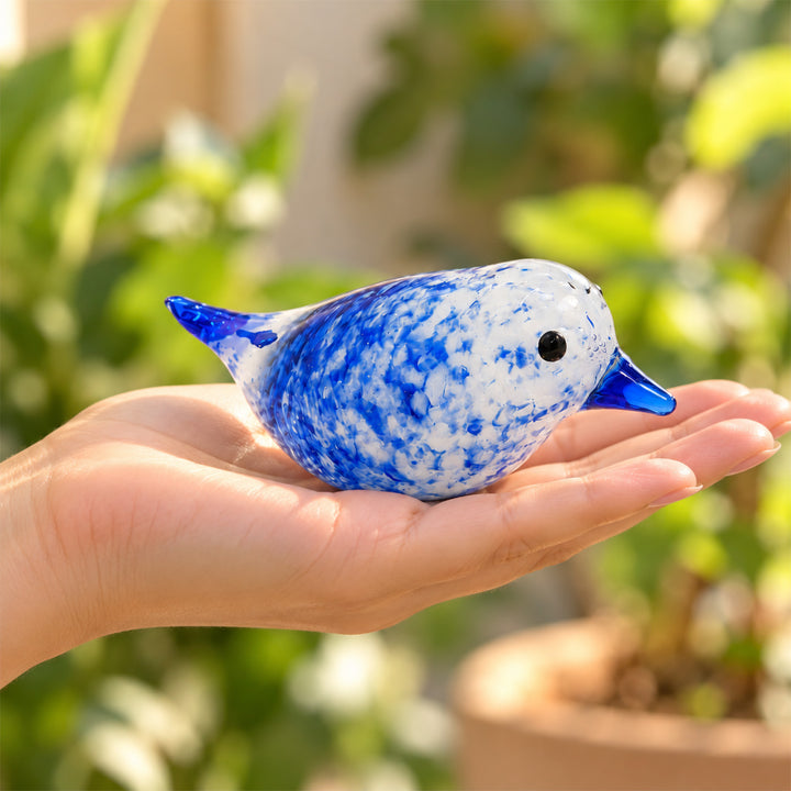 Blown Glass Blue Speckled Bird Figurine For Home Decor
