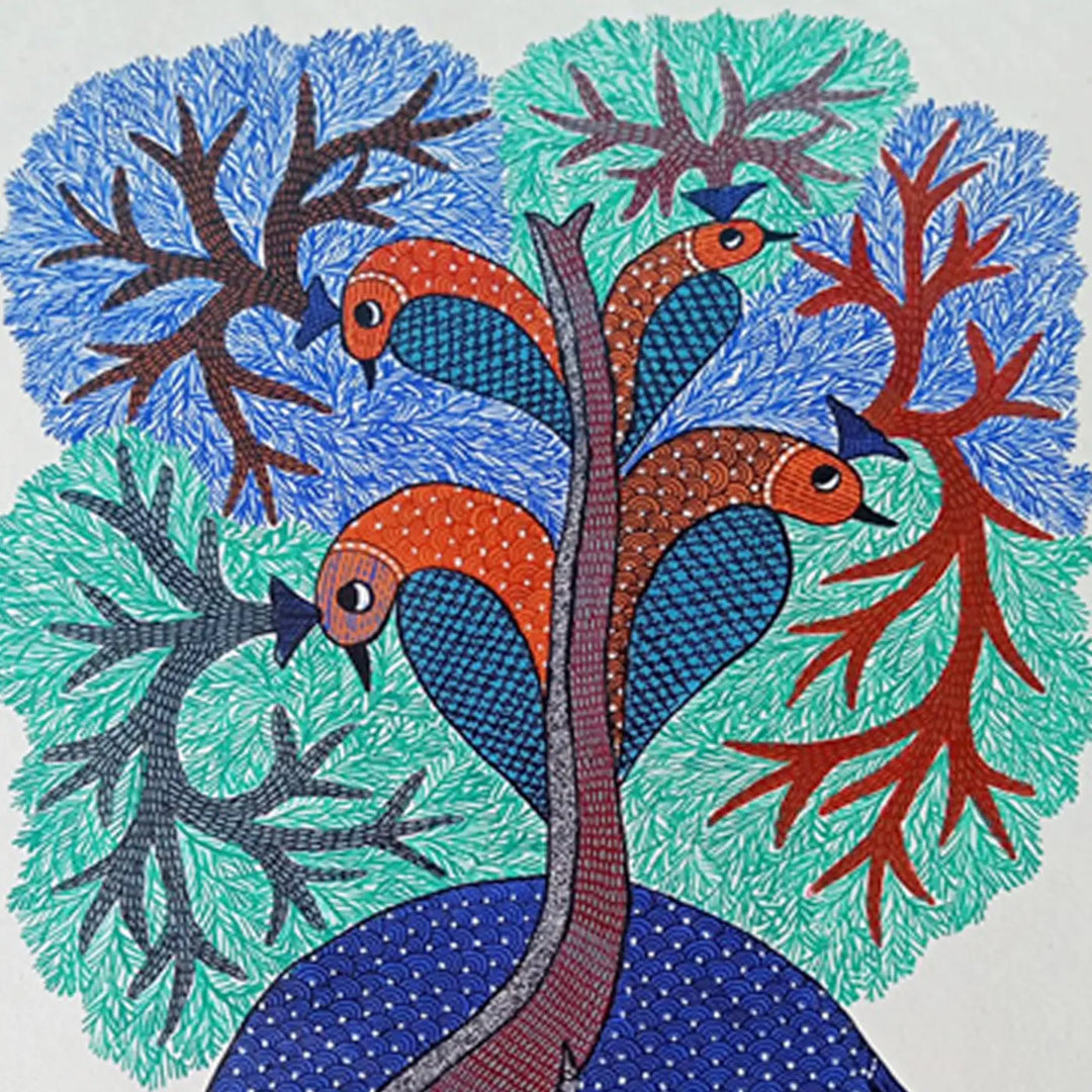16 x 23 Inch | Elephant & Peacock | Original Hand Painted Tribal Gond Art Painting | Acrylic Paint On Paper