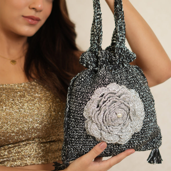Handmade Crochet Black & Silver Potli